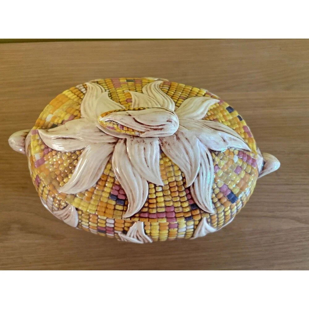 Vintage Ceramic Corn Shaped Covered Casserole Dish Tureen  Mid Century